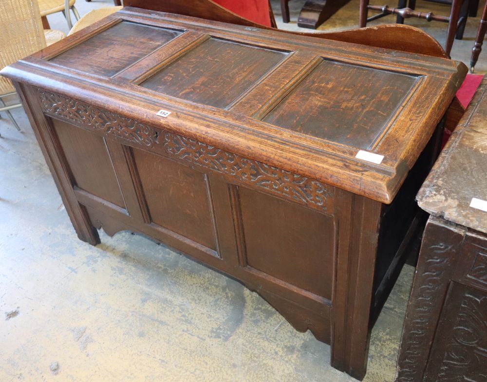 A late17th early18th century panelled oak coffer, W.120cm, D.53cm, H.70cm
